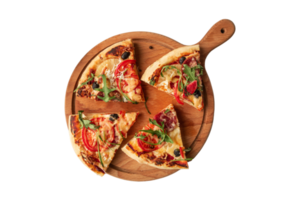 Pizza on a wooden board isolated on a transparent background png