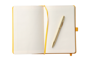 Yellow notebook and gold ballpoint pen isolated on a transparent background png