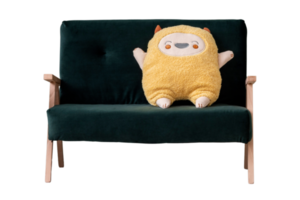 vert canapé avec Jaune peluche jouet isolé sur une transparent Contexte png