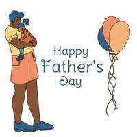 Happy Father s day greeting card. Dad carries his daughter in his arms Cheerful cartoon characters. Vector illustration