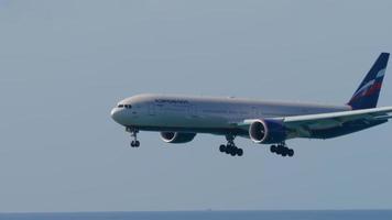 PHUKET, THAILAND NOVEMBER 27, 2019 - Aeroflot Boeing 777 VP BHA named A.Skriabin approaching before landing on the Phuket airport. Mai Khao beach video