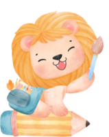 fofa aguarela bebê leão animal criança lendo livro, costas para escola desenho animado personagem ilustração png