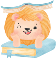 söt vattenfärg bebis lejon djur- unge läsning bok, tillbaka till skola tecknad serie karaktär illustration png