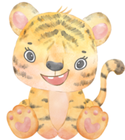 carino contento giocoso bambino tigre acquerello ragazzo animali natura cartone animato pittura illustrazione png