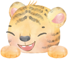 cute baby tiger innocence face head with paw hand watercolour illustration png