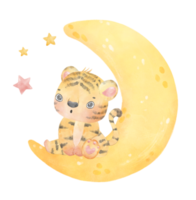 linda dulce inocencia bebé Tigre en soñador creciente Luna fase niño guardería acuarela ilustración png