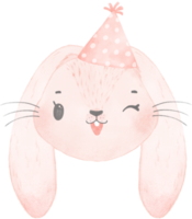 Adorable whimsical sweet happy baby pink bunny rabbit face head with colourful soft paster polka dot party hat watercolour illustration png