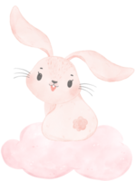 adorable whimsical happy sweet baby pink bunny rabbit watercolour on soft pink cloud children illustration png