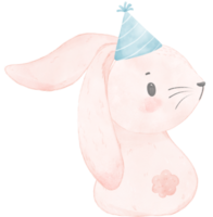 Adorable whimsical happy baby pink bunny rabbit with colourful party hat, children watercolor illustration png