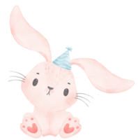 adorable capricieux content bébé rose lapin lapin avec coloré fête chapeau, les enfants aquarelle illustration png