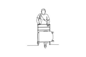 Continuous one-line drawing man carrying suitcases with a trolley at the airport. Airport activity concept. Single line drawing design graphic vector illustration