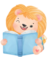 linda acuarela bebé león animal niño leyendo libro, espalda a colegio dibujos animados personaje ilustración png