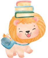 cute watercolour baby lion animal kid reading book, back to school cartoon character illustration png