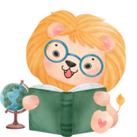 fofa aguarela bebê leão animal criança lendo livro, costas para escola desenho animado personagem ilustração png
