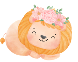 Cute sweet happy baby lion with floral crown watercolour kid animal illustration png