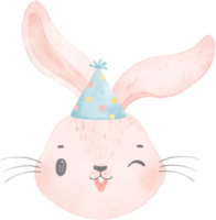 Adorable whimsical sweet happy baby pink bunny rabbit face head with colourful soft paster polka dot party hat watercolour illustration png