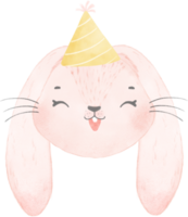 Adorable whimsical sweet happy baby pink bunny rabbit face head with colourful soft paster polka dot party hat watercolour illustration png