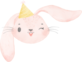 Adorable whimsical sweet happy baby pink bunny rabbit face head with colourful soft paster polka dot party hat watercolour illustration png