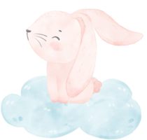 förtjusande nyckfull Lycklig ljuv bebis rosa kanin kanin på mjuk blå moln barn vattenfärg illustration png