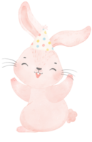 Adorable whimsical happy baby pink bunny rabbit with colourful party hat, children watercolor illustration png