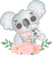 Cute Fuzzy-Eared Koala mother and baby with sweet flower banner Happy mother day watercolour whimsical Illustration png