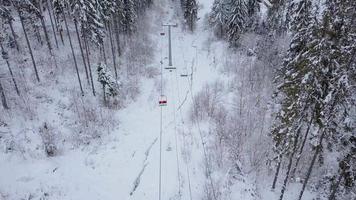 Antenne Aussicht von Ski Resort - - Ski Aufzug und schneebedeckt Nadelbaum Wald. Karpaten, Ukraine video