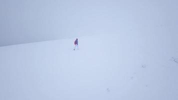 Flight over the lonely tourist girl walking along the top of a mountain covered with snow. Uncomfortable unfriendly winter weather. video