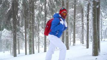 joven mujer camina a través de el puente a través de el río y usos un teléfono inteligente para hacer un fotos de un hermosa invierno nieve video