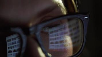 Woman in glasses looking on the monitor and surfing Internet. The monitor screen is reflected in the glasses video