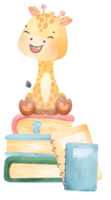 cute happy giraffe kid animal back to school with bag and books, children watercolour illustration png