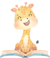 cute happy giraffe kid animal back to school with bag and books, children watercolour illustration png