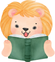 mignonne aquarelle bébé Lion animal enfant en train de lire livre, retour à école dessin animé personnage illustration png