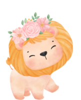 linda dulce contento bebé león con floral corona acuarela niño animal ilustración png