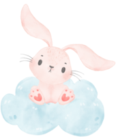 Adorable whimsical happy sweet baby pink bunny rabbit on soft blue cloud children watercolor illustration png