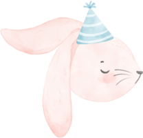 Adorable whimsical sweet happy baby pink bunny rabbit face head with colourful soft paster polka dot party hat watercolour illustration png