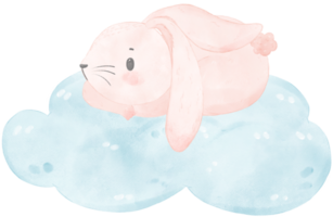 adorable caprichoso contento dulce bebé rosado conejito Conejo en suave azul nube niños acuarela ilustración png