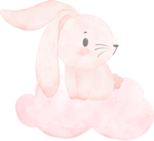 adorable whimsical happy sweet baby pink bunny rabbit watercolour on soft pink cloud children illustration png