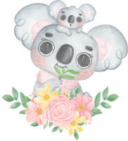 Cute Fuzzy-Eared Koala mother and baby with sweet flower banner Happy mother day watercolour whimsical Illustration png