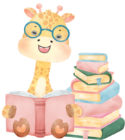 cute happy giraffe kid animal back to school with bag and books, children watercolour illustration png