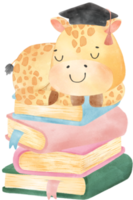 söt Lycklig giraff unge djur- tillbaka till skola med väska och böcker, barn vattenfärg illustration png