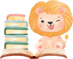 cute watercolour baby lion animal kid reading book, back to school cartoon character illustration png