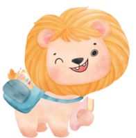 cute watercolour baby lion animal kid reading book, back to school cartoon character illustration png