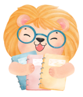 cute watercolour baby lion animal kid reading book, back to school cartoon character illustration png