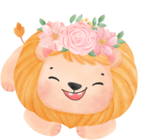 Cute sweet happy baby lion with floral crown watercolour kid animal illustration png