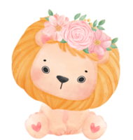 mignonne sucré content bébé Lion avec floral couronne aquarelle enfant animal illustration png