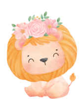 Cute sweet happy baby lion with floral crown watercolour kid animal illustration png