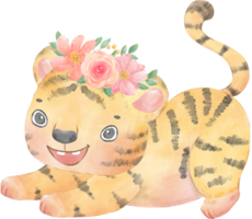 cute baby playful tiger with floral crown, whimsical children animal watercolour illustration png