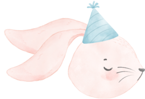 Adorable whimsical sweet happy baby pink bunny rabbit face head with colourful soft paster polka dot party hat watercolour illustration png