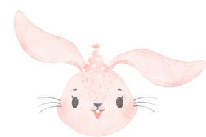 adorabile capriccioso dolce contento bambino rosa coniglietto coniglio viso testa con colorato morbido paster polka punto festa cappello acquerello illustrazione png