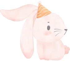 förtjusande nyckfull Lycklig bebis rosa kanin kanin med färgrik fest hatt, barn vattenfärg illustration png
